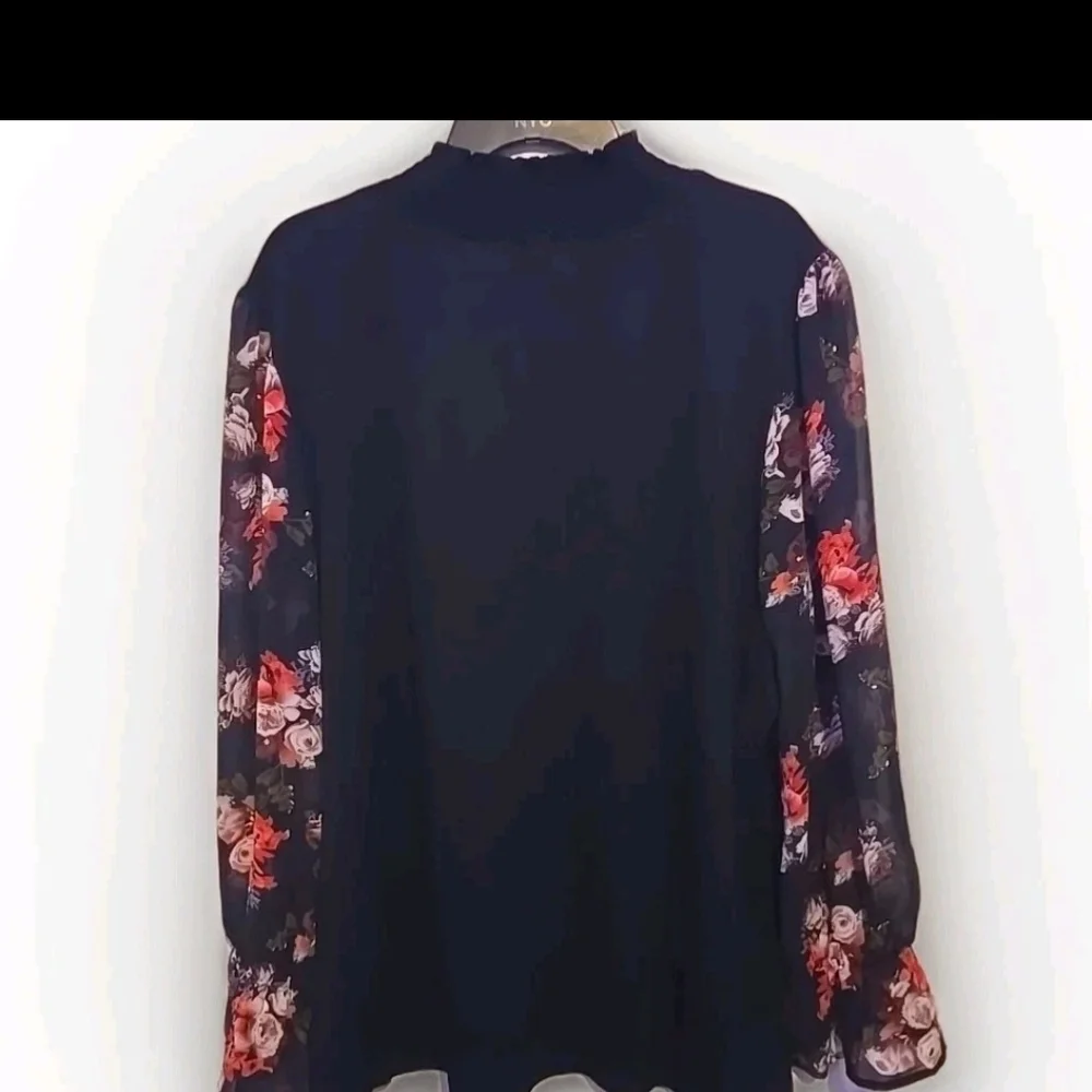 BloomChic Black Blouse with Floral Sleeves - Picture 1 of 5